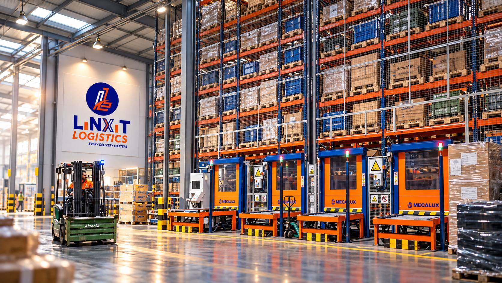 Linxit warehouse with stocked racks and a forklift