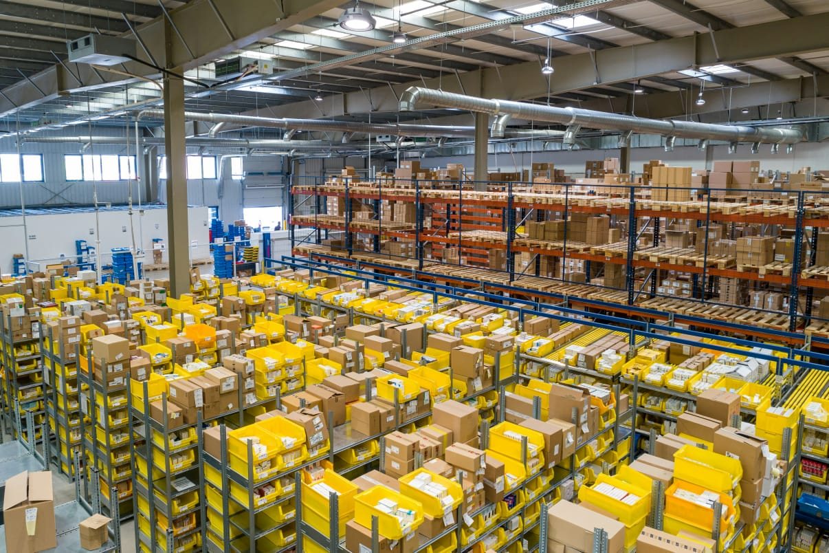 Warehouse racks stocked with customer orders